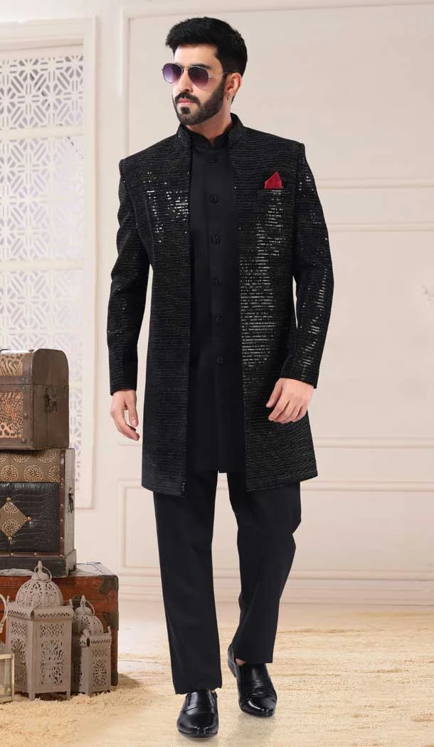 Wedding Wear In Terry Rayon With Sequins And Zari Work Designer Men's Sherwani In Black - 7855178667