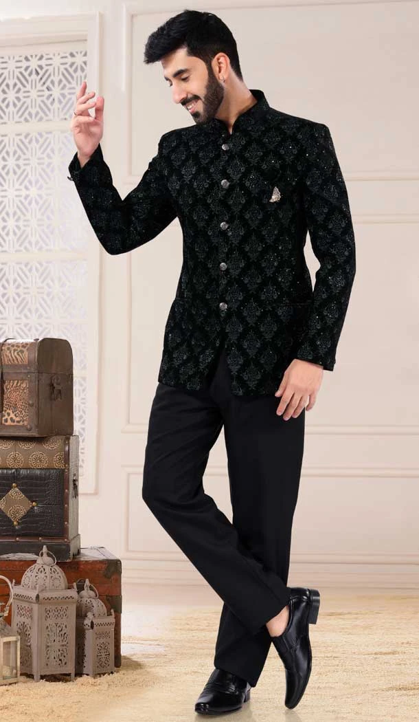 Wedding Wear In Velvet With Resham And Sequins Work Designer Men's Sherwani In Black And Green - 7855178668