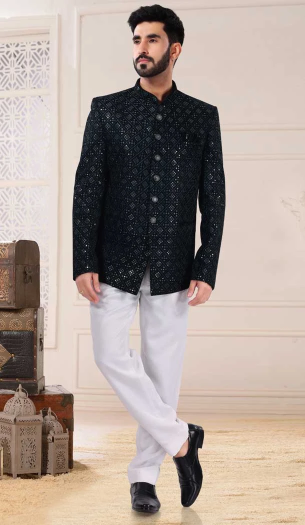 Wedding Wear In Velvet With Zari Work Designer Men's Sherwani In Green - 7855178669
