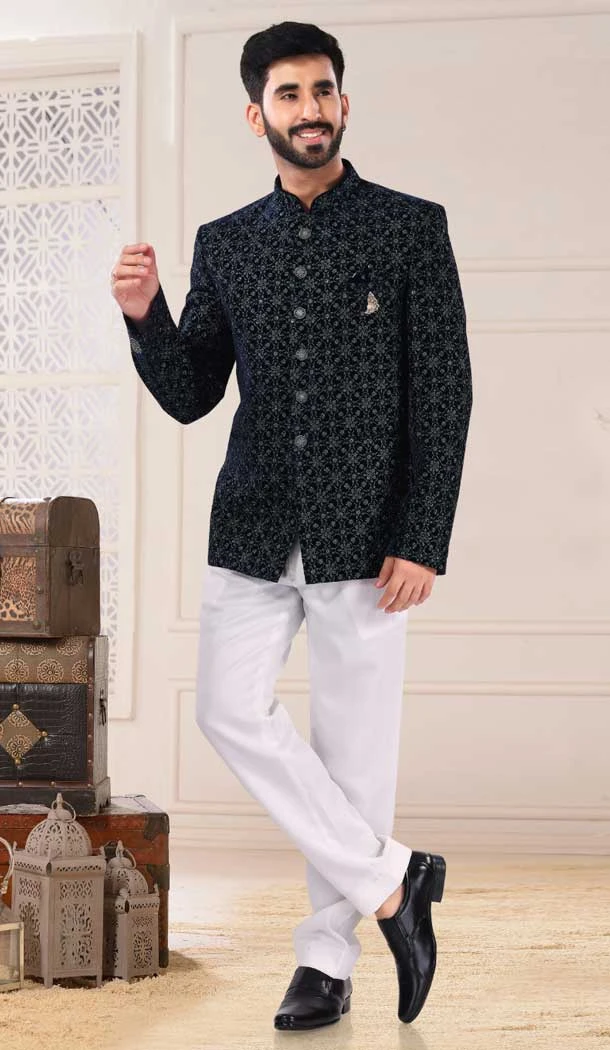 Wedding Wear In Velvet With Resham And Sequins Work Designer Men's Sherwani In Green - 7855178670