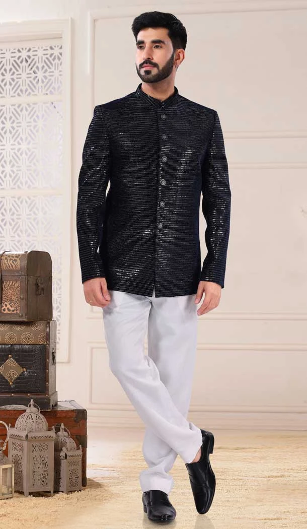 Wedding Wear In Terry Rayon With Zari Work Designer Men's Sherwani In Black - 7855178671