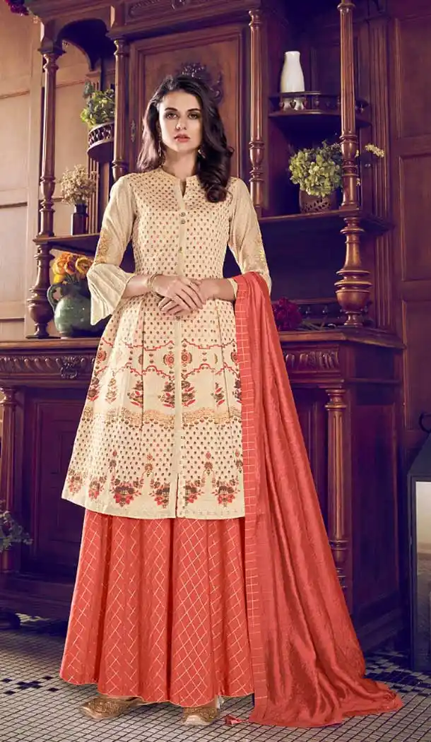 Party Wear Pure Art Silk Embroidered Plus Size Ready To Ship Sharara Suit In Beige - 0015007