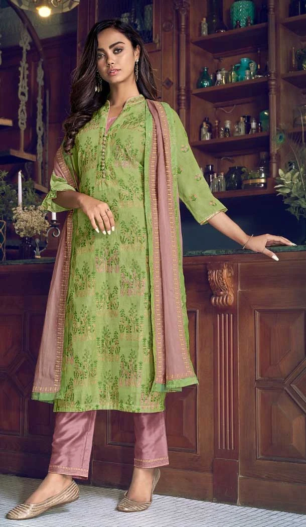 Party Wear Pure Art Silk Embroidered Plus Size Ready To Ship Salwar Kameez In Olive Green - 0015010 Party Wear Pure Art Silk Embroidered Plus Size Ready To Ship Salwar Kameez In Olive Green - 0015010