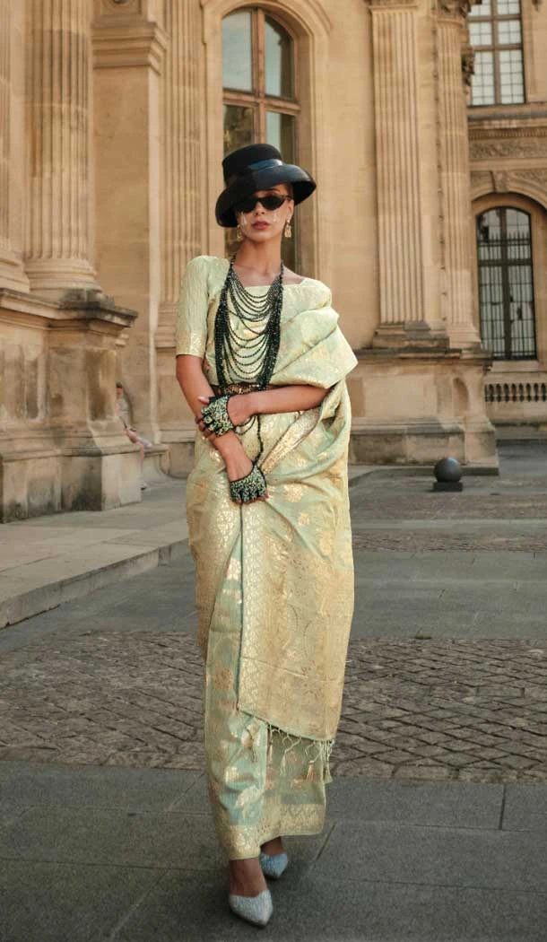 Party Wear Light Pista Color Weaving Silk Designer Saree With Gota Zari Work - 7850178640