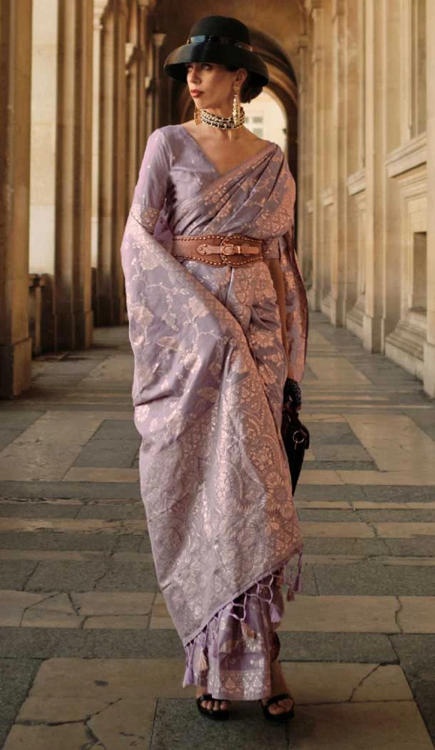 Party Wear Light Purple Color Weaving Silk Designer Saree With Gota Zari Work - 7850178641