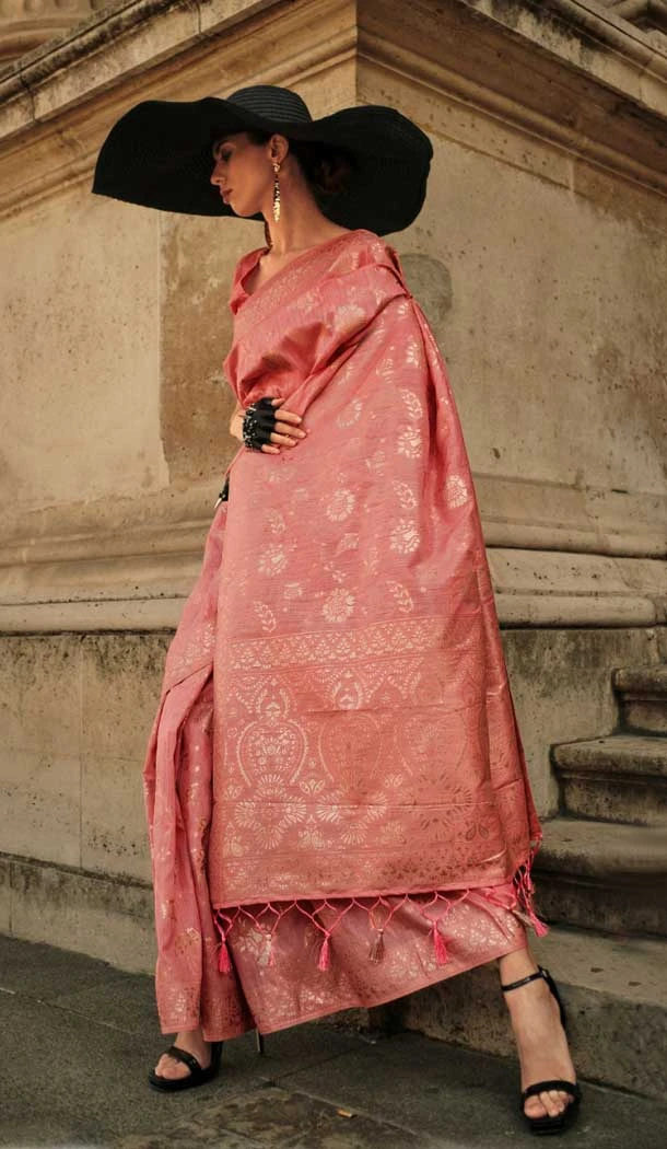 Party Wear Pink Color Weaving Silk Designer Saree With Gota Zari Work - 7850178644