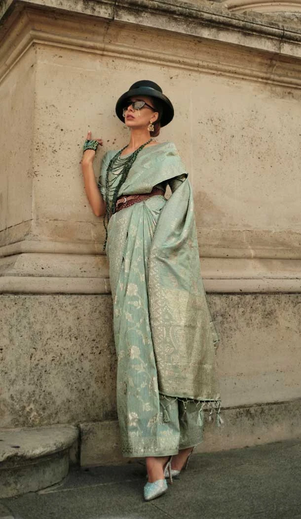 Party Wear Mint Color Weaving Silk Designer Saree With Gota Zari Work - 7850178645