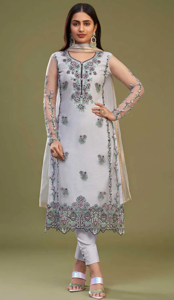 Designer Embroidered Net Party Wear Traditional Salwar Kameez In Lavender - 7851178646