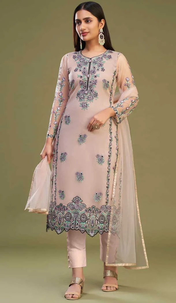 Designer Embroidered Net Party Wear Traditional Salwar Kameez In Peach - 7851178647