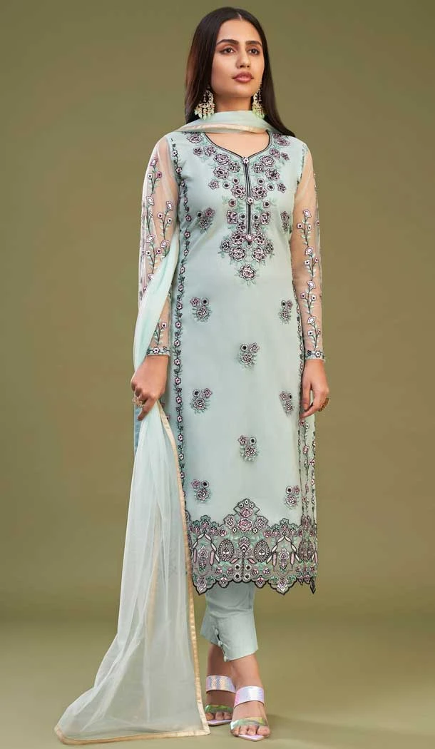 Designer Embroidered Net Party Wear Traditional Salwar Kameez In Firozi - 7851178649