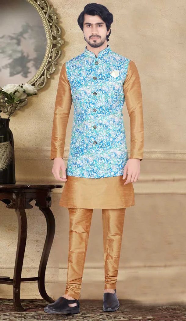 Chiku Color Digital Printed Art Silk Designer Men's Kurta Pajama With Jacket - 7869178776