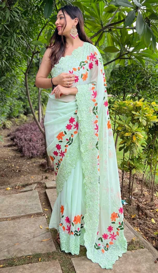Pista Georgette Thread Embroidered Party Wear Designer Saree - 7878178840