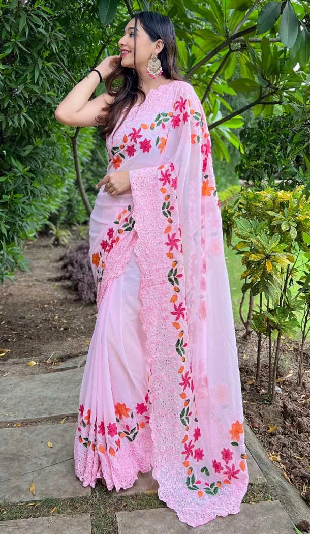 Pink Georgette Thread Embroidered Party Wear Designer Saree - 7878178842