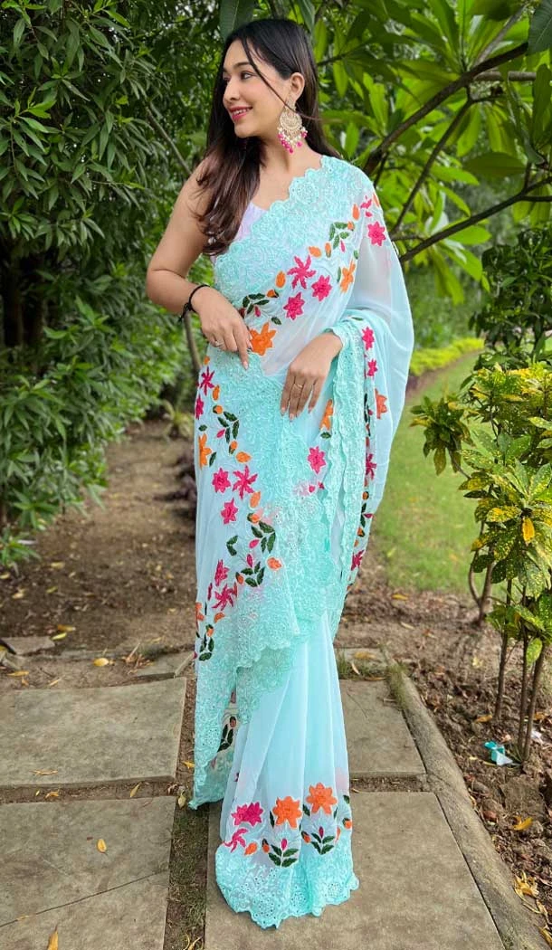 Sky Georgette Thread Embroidered Party Wear Designer Saree - 7878178843