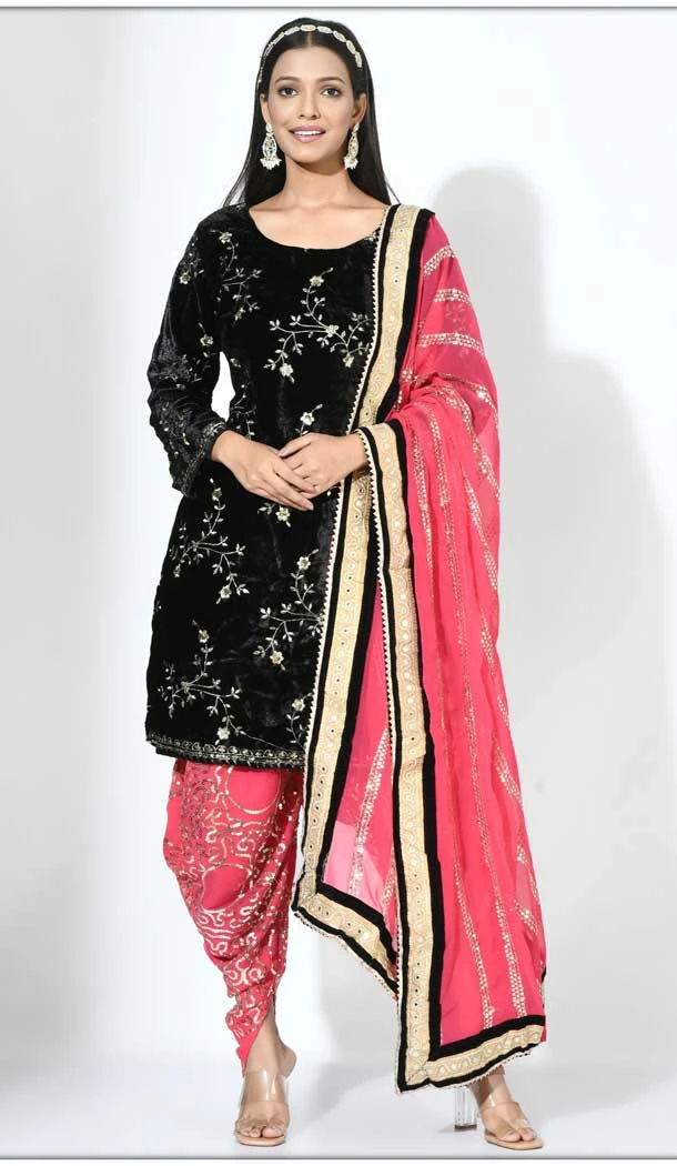 Party Wear Black Viscose Velvet Patiala Punjabi Suit With Embroidery Work - 7884178866