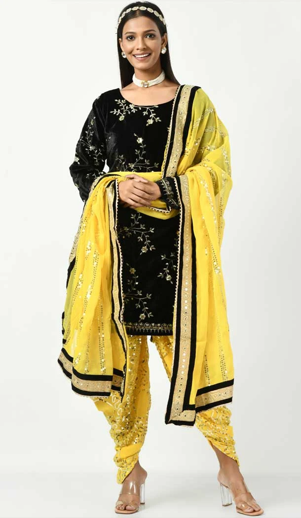 Black Party Wear Viscose Velvet Patiala Punjabi Suit With Embroidery Work - 7884178867