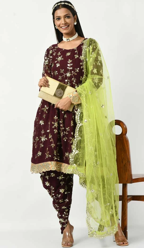 Party Wear Magenta Viscose Velvet Patiala Punjabi Suit With Embroidery Work - 7884178869