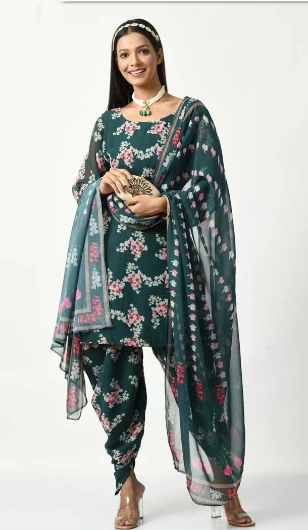 Party Wear Teal Viscose Velvet Patiala Punjabi Suit With Digital Print Work - 7884178872