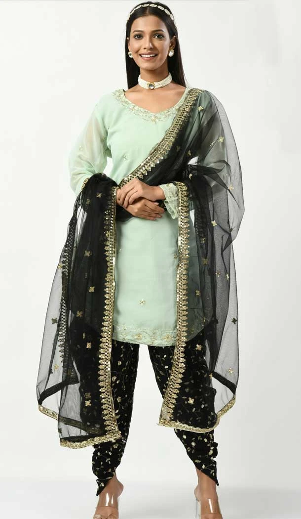 Party Wear Light Mint Viscose Velvet Patiala Punjabi Suit With Embroidery Work - 7884178873