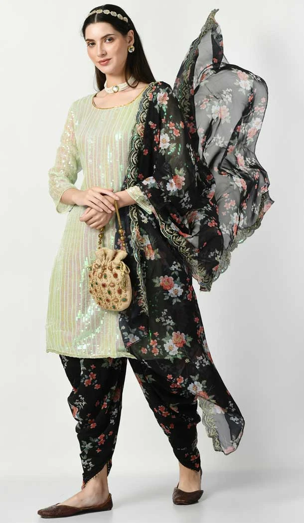 Pista Color Faux Georgette Embroidery And Sequins Work Party Wear Patiala Salwar Suit - 7885178875
