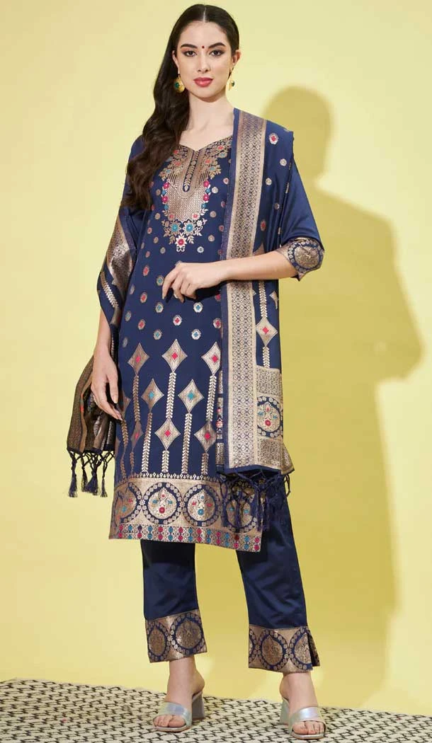 Blue Festival Wear Woven Zari Work Cotton Silk Jacquard Readymade Salwar Suit - 7901178909
