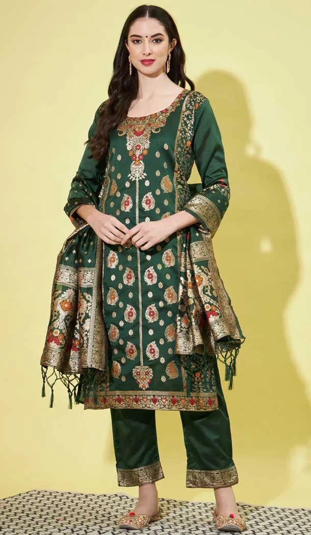 Green Festival Wear Woven Zari Work Cotton Silk Jacquard Readymade Salwar Suit - 7901178910