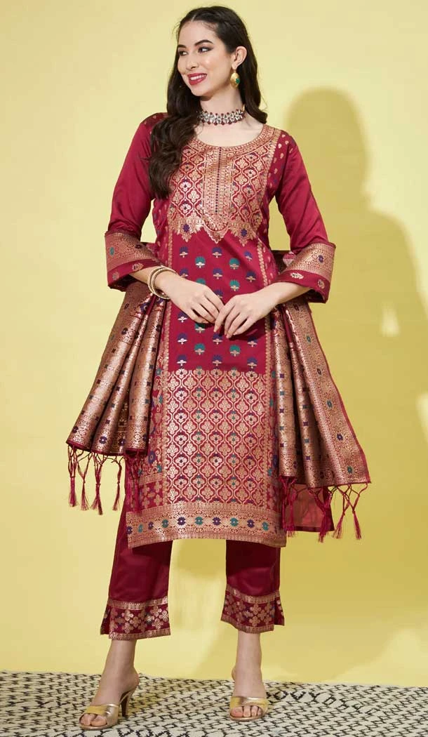 Maroon Festival Wear Woven Zari Work Cotton Silk Jacquard Readymade Salwar Suit - 7901178911