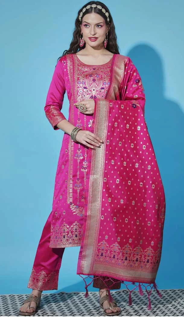 Pink Festival Wear Woven Zari Work Cotton Silk Jacquard Readymade Salwar Suit - 7901178912