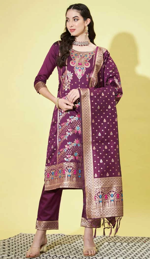 Purple Festival Wear Woven Zari Work Cotton Silk Jacquard Readymade Salwar Suit - 7901178913