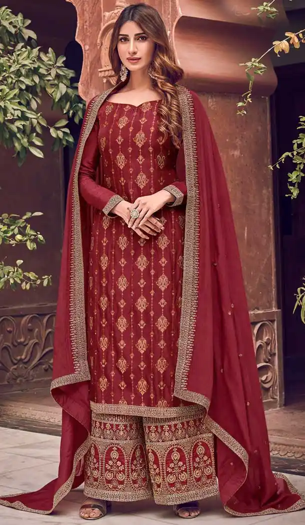 Pure Dola Jacquard With Embroidery Work Maroon Women Wear Palazzo Salwar Suit - 7915178976