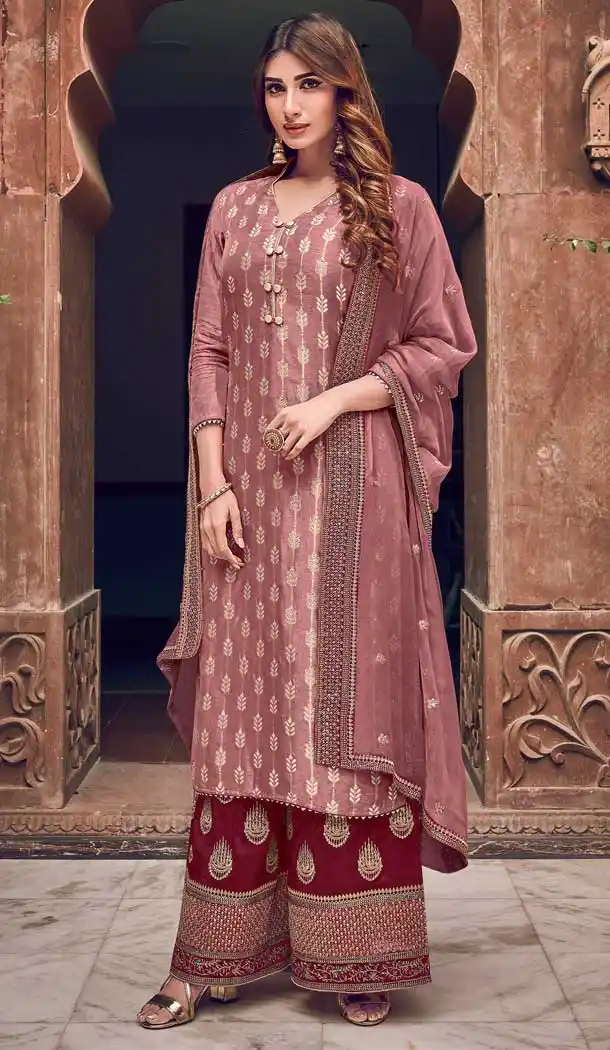 Pure Dola Jacquard With Embroidery Work Onion Pink Women Wear Palazzo Salwar Suit - 7915178977