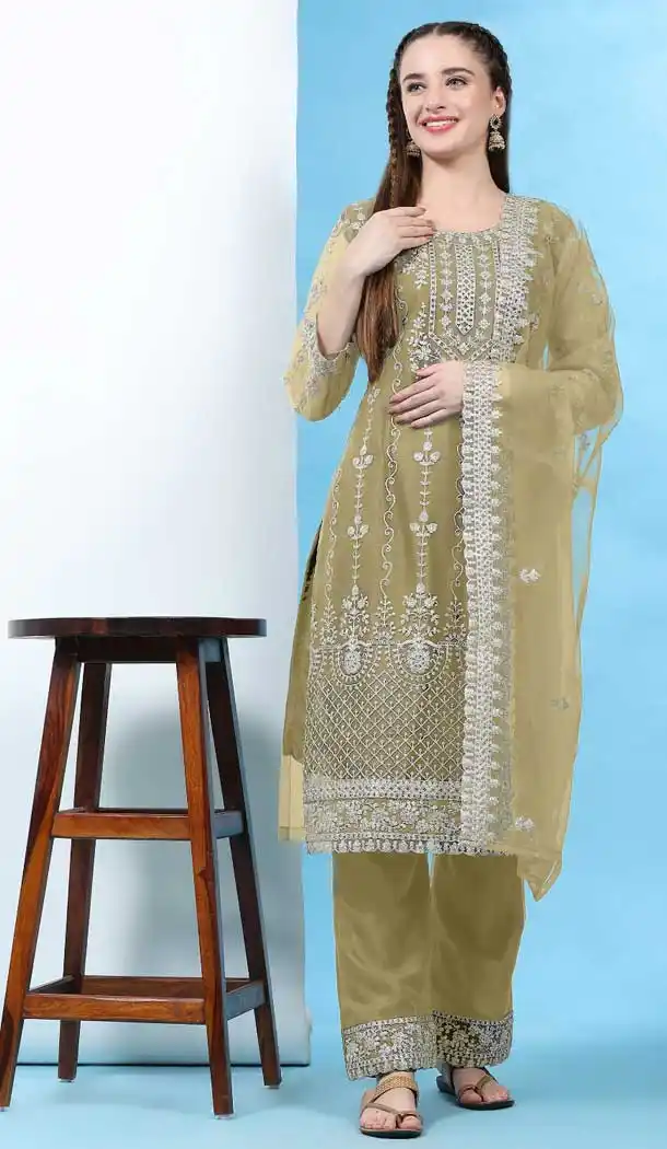 Aesthetic Beige Net Embroidery Work Casual Wear Pakistani Salwar Kameez - 7918179033