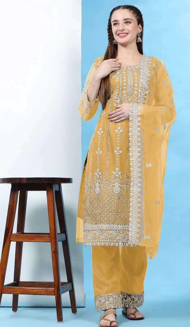 Mesmerizing Yellow Net Embroidery Work Casual Wear Pakistani Salwar Kameez - 7918179035