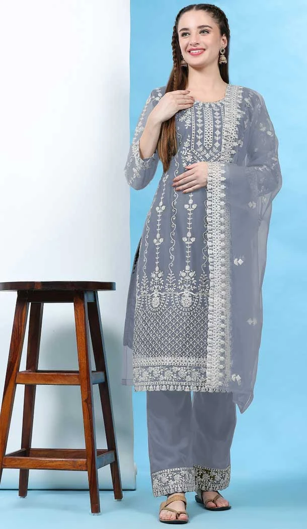 Fascinating Grey Net Embroidery Work Casual Wear Pakistani Salwar Kameez - 7918179036