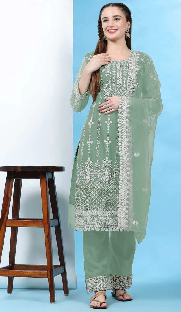 Attractive Green Net Embroidery Work Casual Wear Pakistani Salwar Kameez - 7918179038
