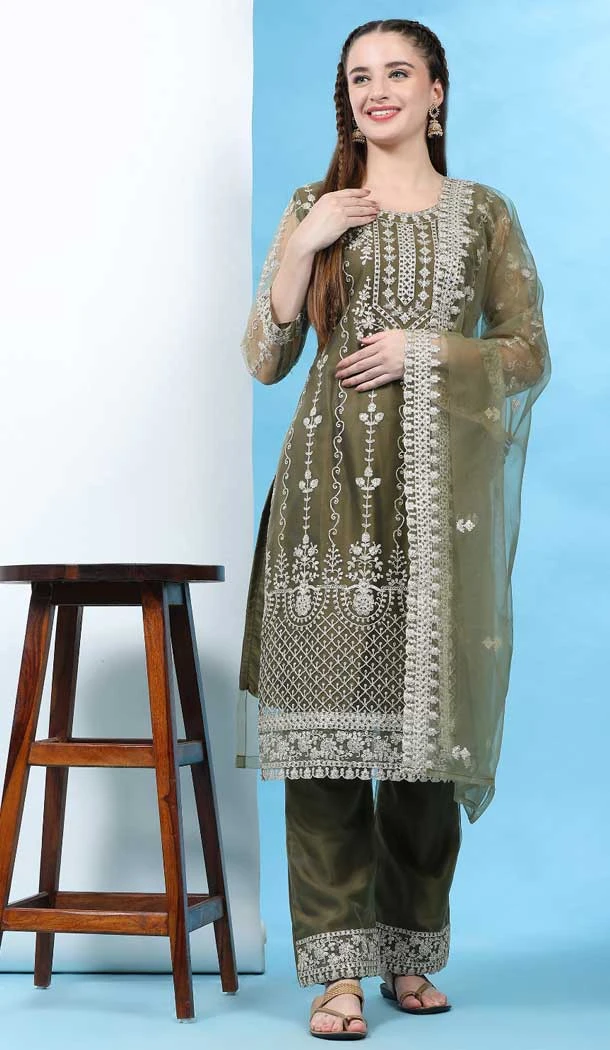 Exotic Mehendi Net Embroidery Work Casual Wear Pakistani Salwar Kameez - 7918179039