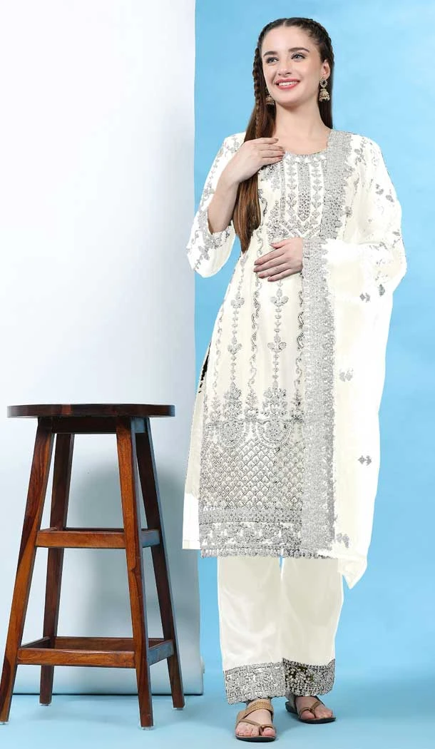 Charming White Net Embroidery Work Casual Wear Pakistani Salwar Kameez - 7918179040