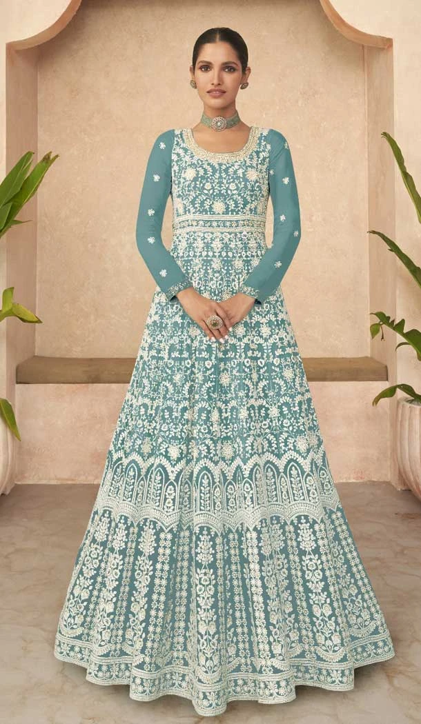 Faux Georgette With Sequins Embroidery Work Party Wear Anarkali Salwar Suit In Sky Color - 7919179041