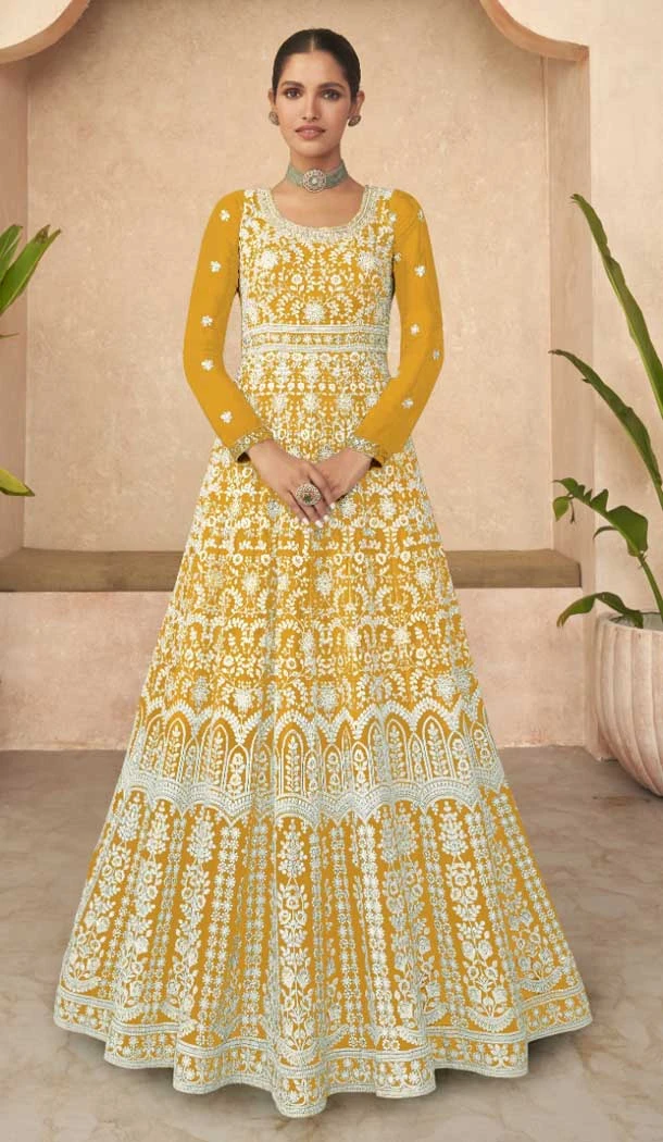 Faux Georgette With Sequins Embroidery Work Party Wear Anarkali Salwar Suit In Yellow Color - 7919179043