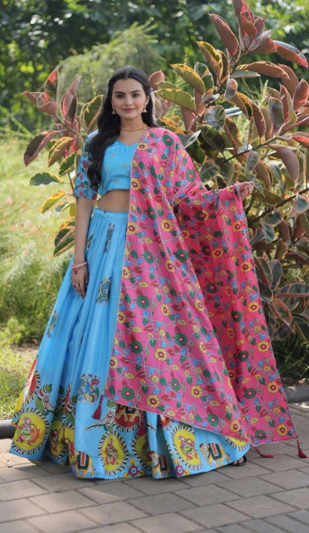 Sky Color Dola Silk Printed Designer Party Wear Lehenga Choli - 7920179046