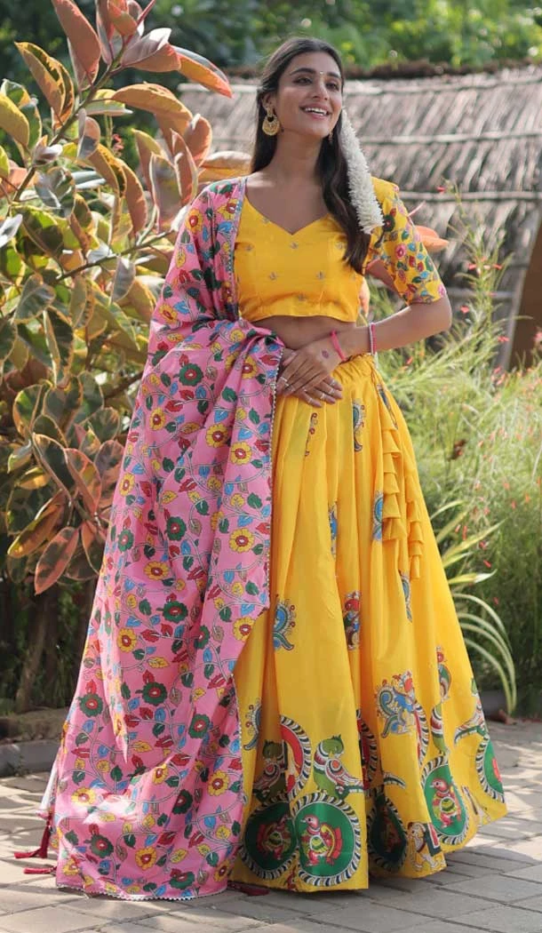 Yellow Dola Silk Printed Designer Party Wear Lehenga Choli - 7920179048