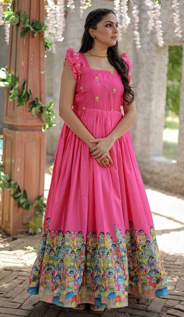 Classy Pink Color Dola Silk With Designer Print Party Wear Readymade Heavy Gown - 7922179055
