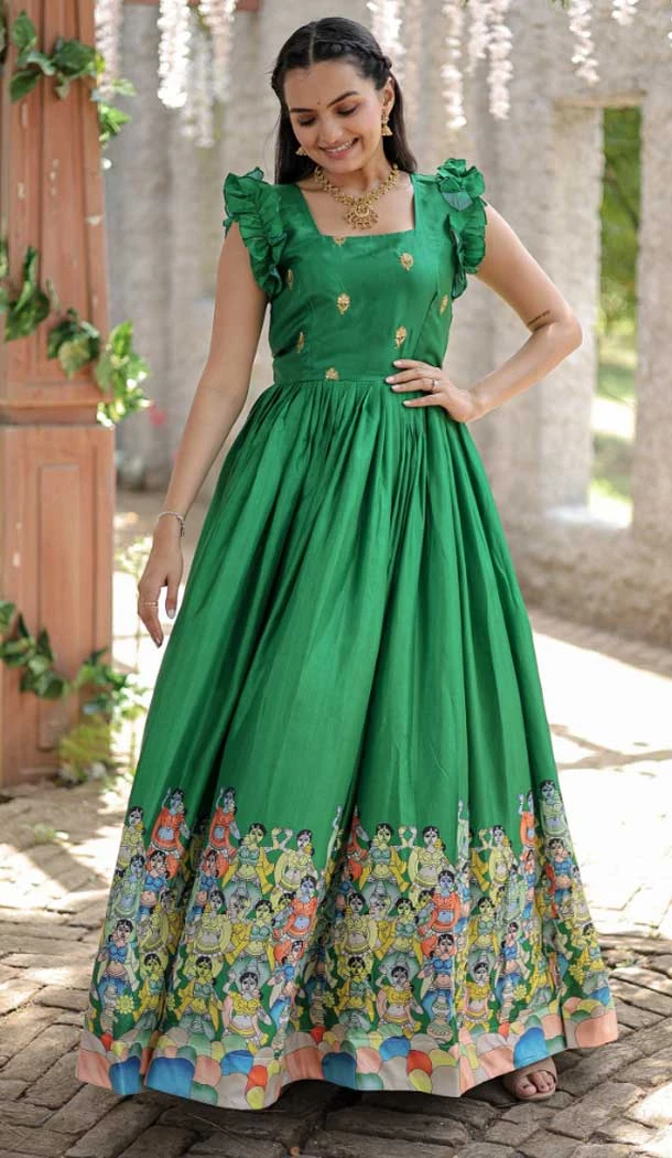 Exotic Green Color Dola Silk With Designer Print Party Wear Readymade Heavy Gown - 7922179056
