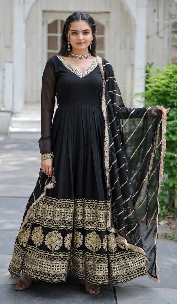 Faux Blooming Embroidered Function Wear Readymade Gown With Dupatta In Black - 7923179057