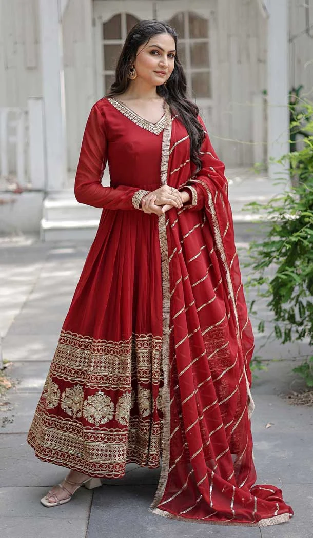 Faux Blooming Embroidered Function Wear Readymade Gown With Dupatta In Maroon - 7923179058