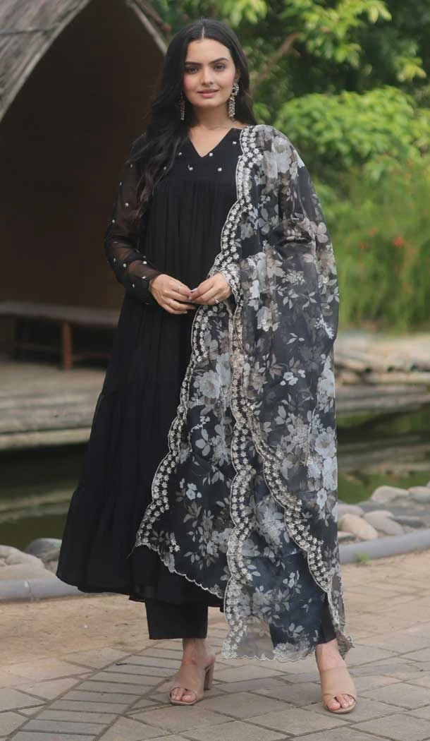 Traditional Faux Blooming Embroidery Work Readymade Palazzo Salwar Kameez In Black - 7944179228