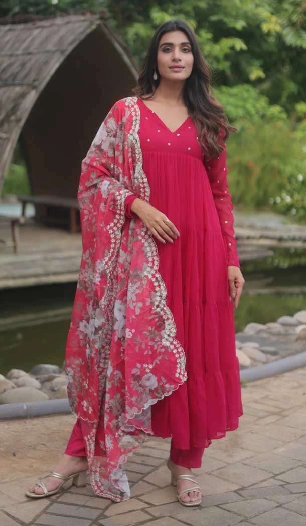 Traditional Faux Blooming Embroidery Work Readymade Palazzo Salwar Kameez In Rani - 7944179229