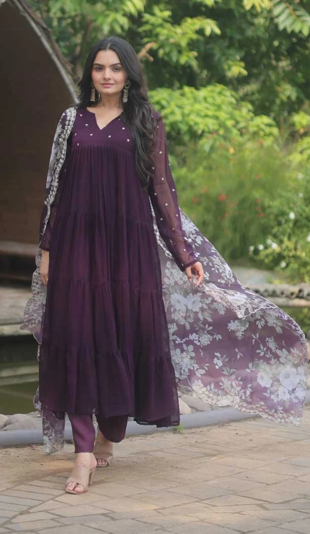 Traditional Faux Blooming Embroidery Work Readymade Palazzo Salwar Kameez In Wine - 7944179230