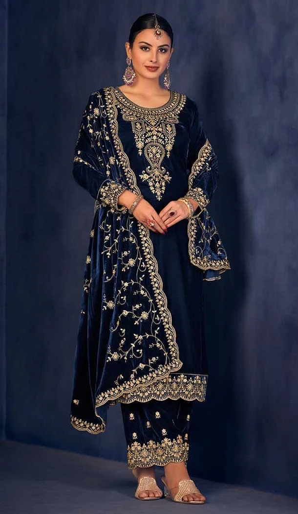 Wedding Wear Blue Color Velvet With Embroidery Work Palazzo Salwar Kameez - 7946179234