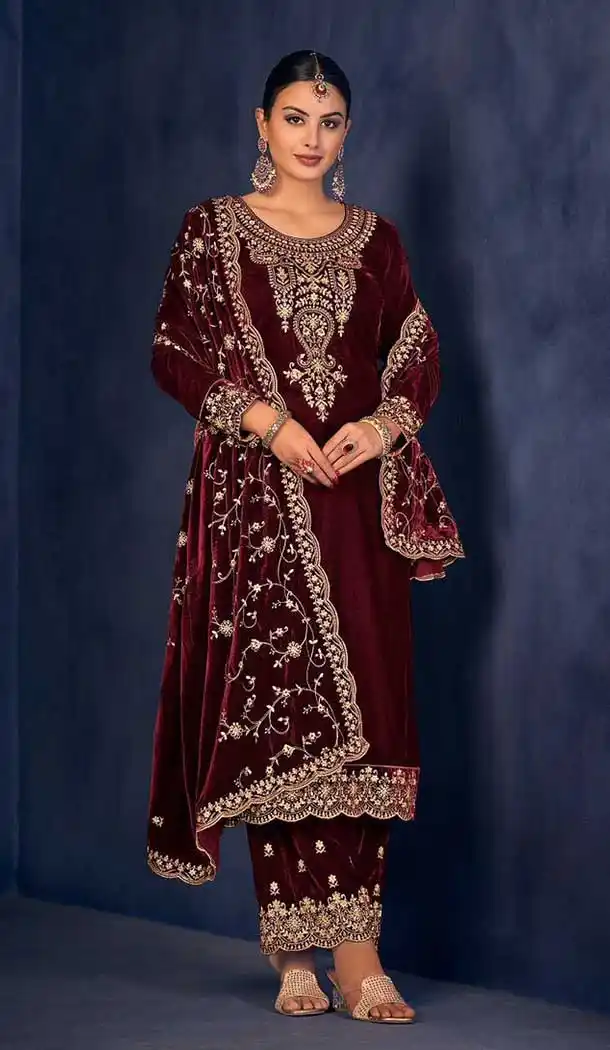 Wedding Wear Maroon Color Velvet With Embroidery Work Palazzo Salwar Kameez - 7946179235